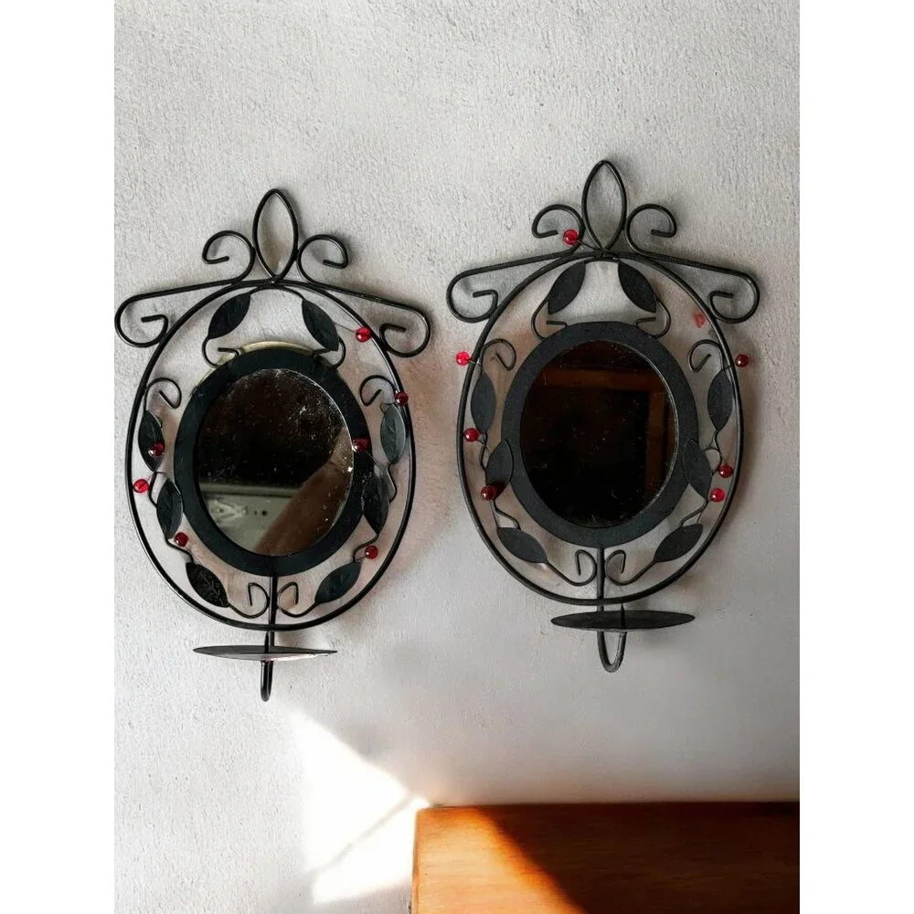 Ornate Black Wrought Iron Wall Sconces With Mirror & Candle Holder Set Of 2